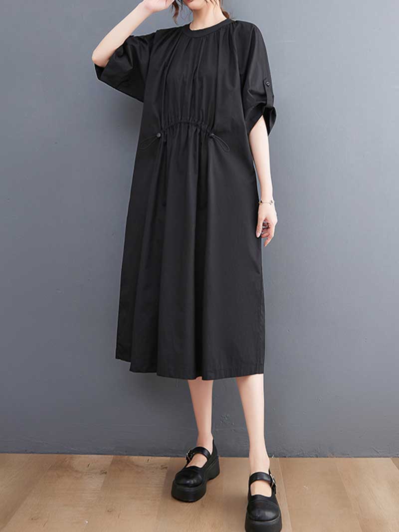 Plain Cotton Short Sleeve A-Line Dress - Fashionpara