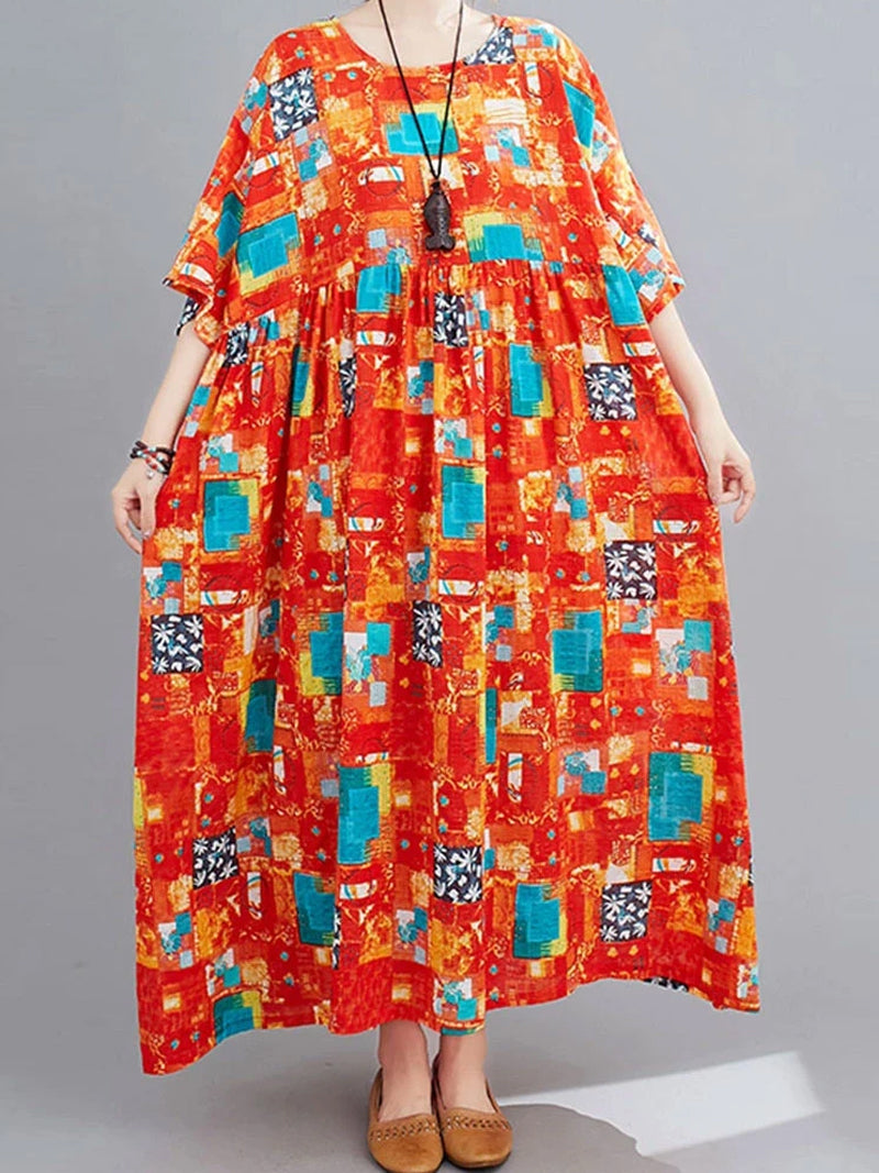 Abstract Patchwork Round Neck Smock Maxi Dress