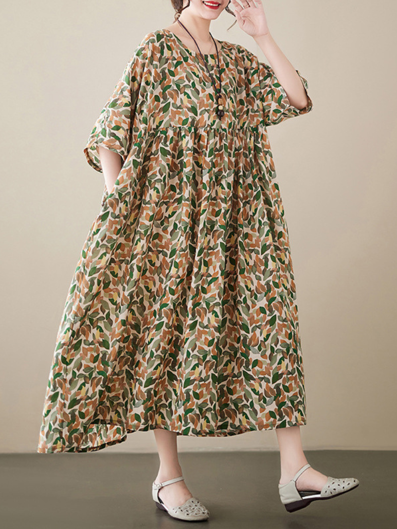 Leaf Print Round Neck Pleated Smock Midi Dress 7