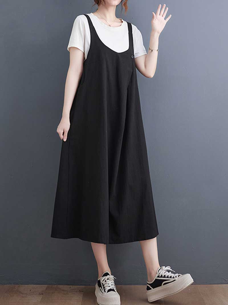 Plain Cotton Round-Neck Salopette Dress - Fashionpara