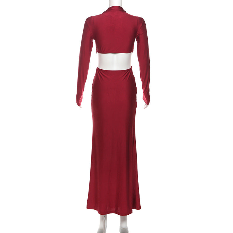 Mock Neck Long Sleeve Rosette Cutout Ruched Maxi Dress 8