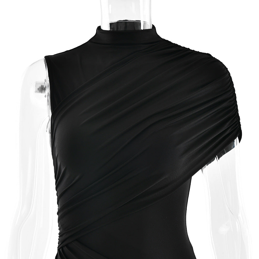 Ruched Mock Neck Sleeveless Asymmetric Draped Mini Dress 8