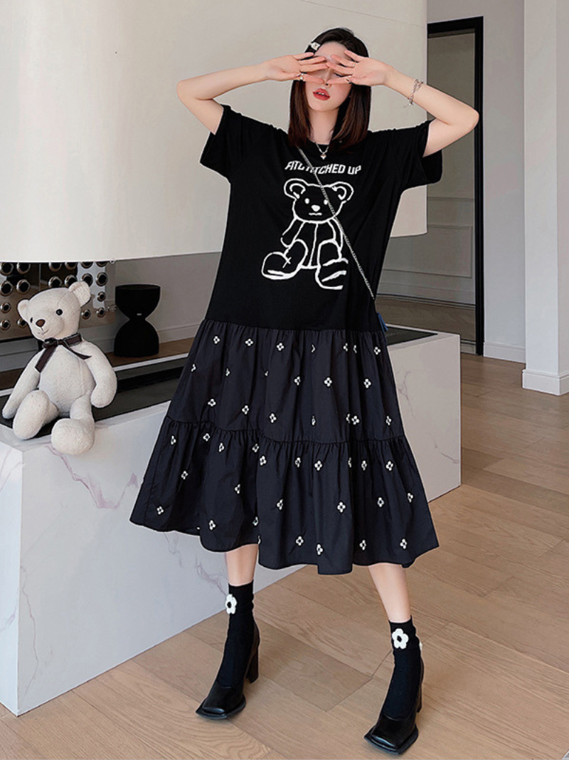 Bear Graphic Print Short Sleeve Tiered Midi Dress