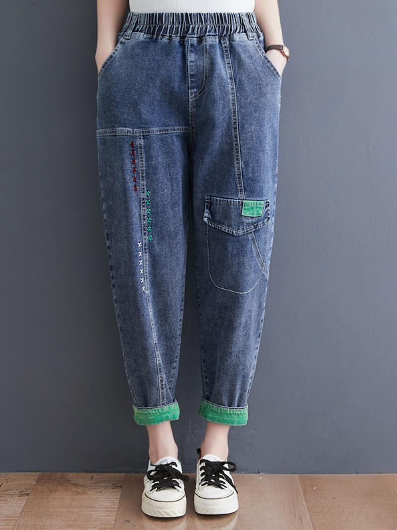Denim Casual Western Style Loose Large High Waist Denim Pants - Fashionpara