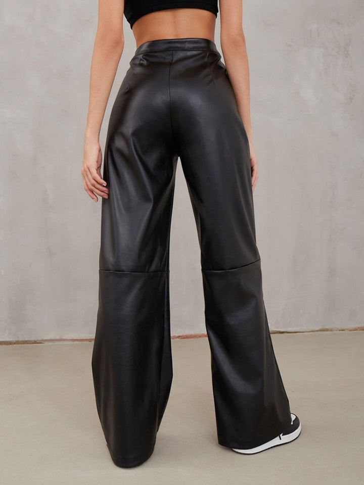 Casual High Waist PU Wide Leg Pants - Fashionpara