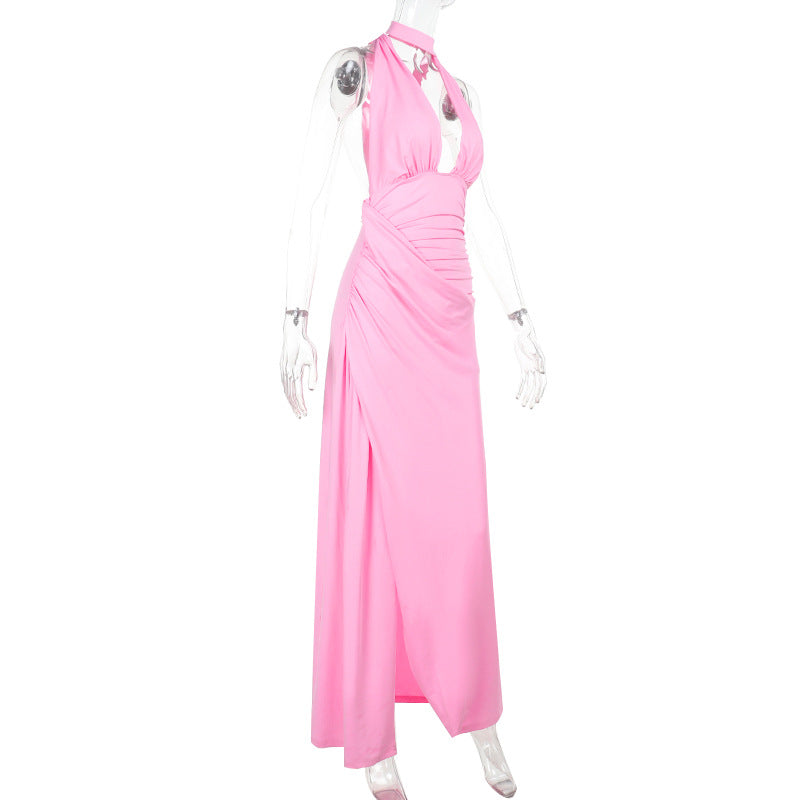 Deep V-Neck Halter Ruched High-Slit Maxi Dress 8