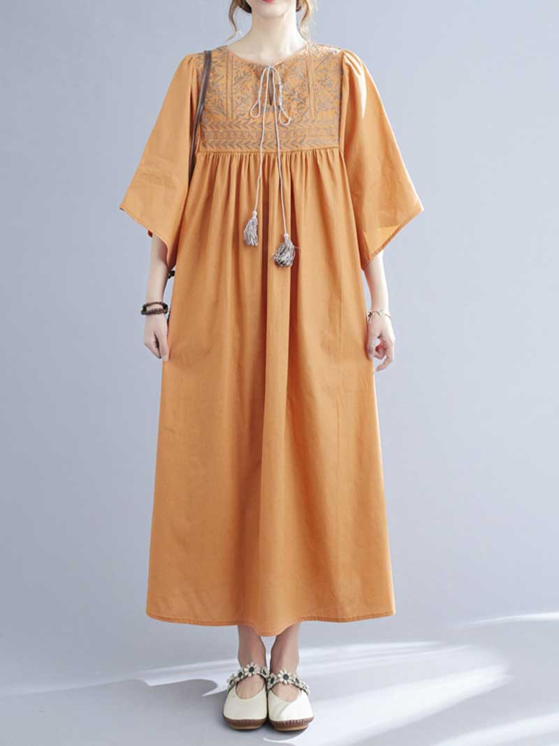 Embroidered Polyester Round-Neck A-Line Dress - Fashionpara