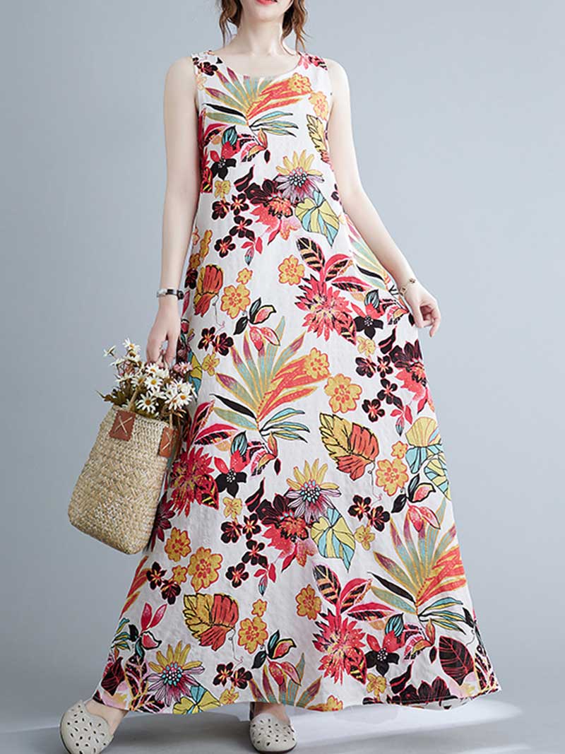 Sleeveless Cotton Floral A-Line Dress - Fashionpara