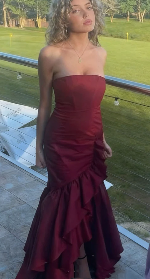 Pretty Strapless Burgundy Satin Ruffles Mermaid Evening Dress Formal Wedding Guest Dress D986