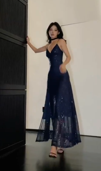 Sparkly Navy Blue Sequin Slit A Line Evening Dress Formal Long Prom Dress D811