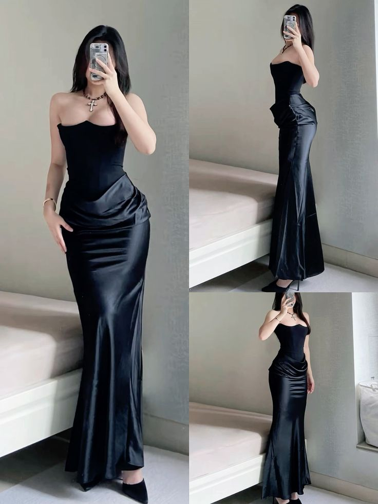 Stylish Strapless Satin Pleated Mermaid Black Evening Dress Long Wedding Guest Dress D1454