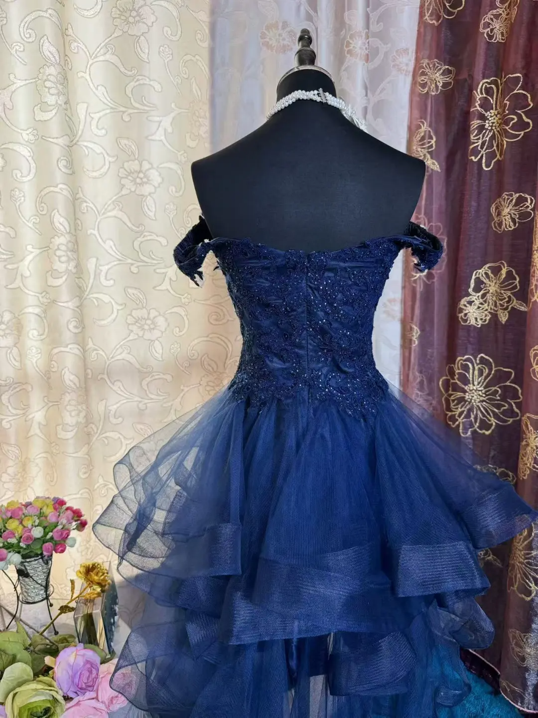 Vintage Navy Blue Tulle Appliques A Line Short Homecoming Dress Off The Shoulder 19th Birthday Outfits D725