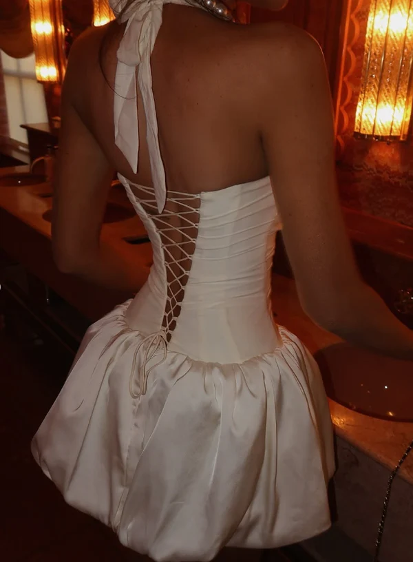 White Halter Satin A Line Short Birthday Party Dress Pretty Homecoming Dress S499