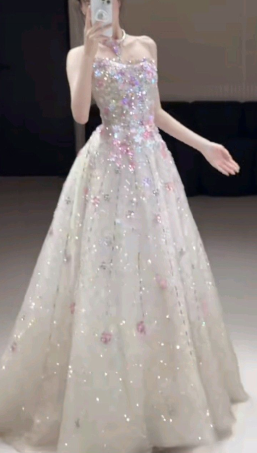 Charming Strapless White Tulle Sequin Beaded Birthday Prom Dress Princess Party Dress D1225