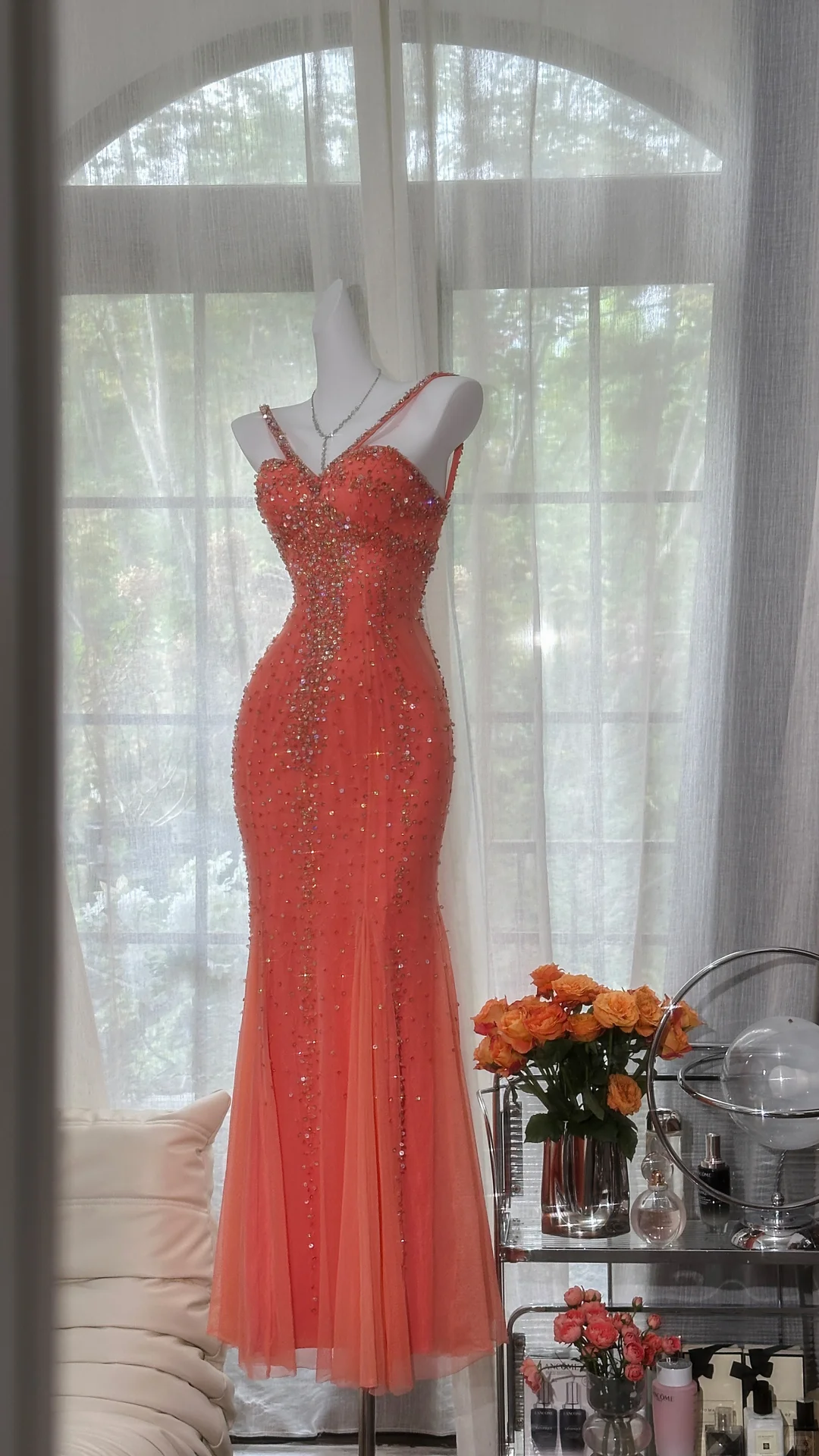 Sparkly Spaghetti Straps Orange Chiffon Beaded Mermaid Evening Dress Long Party Dress D868