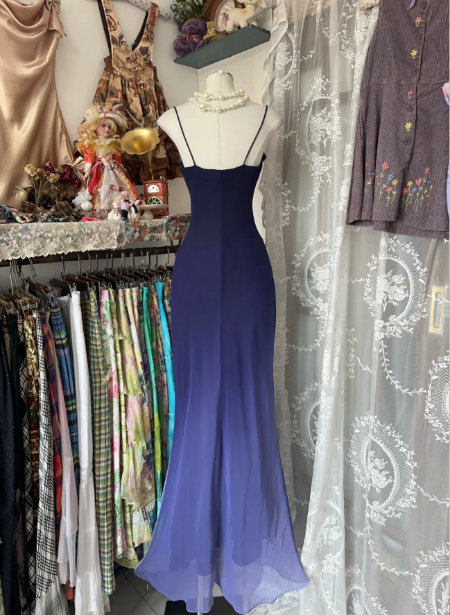 Vintage Spaghetti Straps Ombre Purple Mermaid Long Party Dress Evening Gown D1782