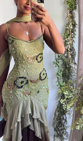 Classy Spaghetti Strap Sage Green Chiffon Beaded Mermaid Evening Dress Long Birthday Party Dress With Scarf D1452