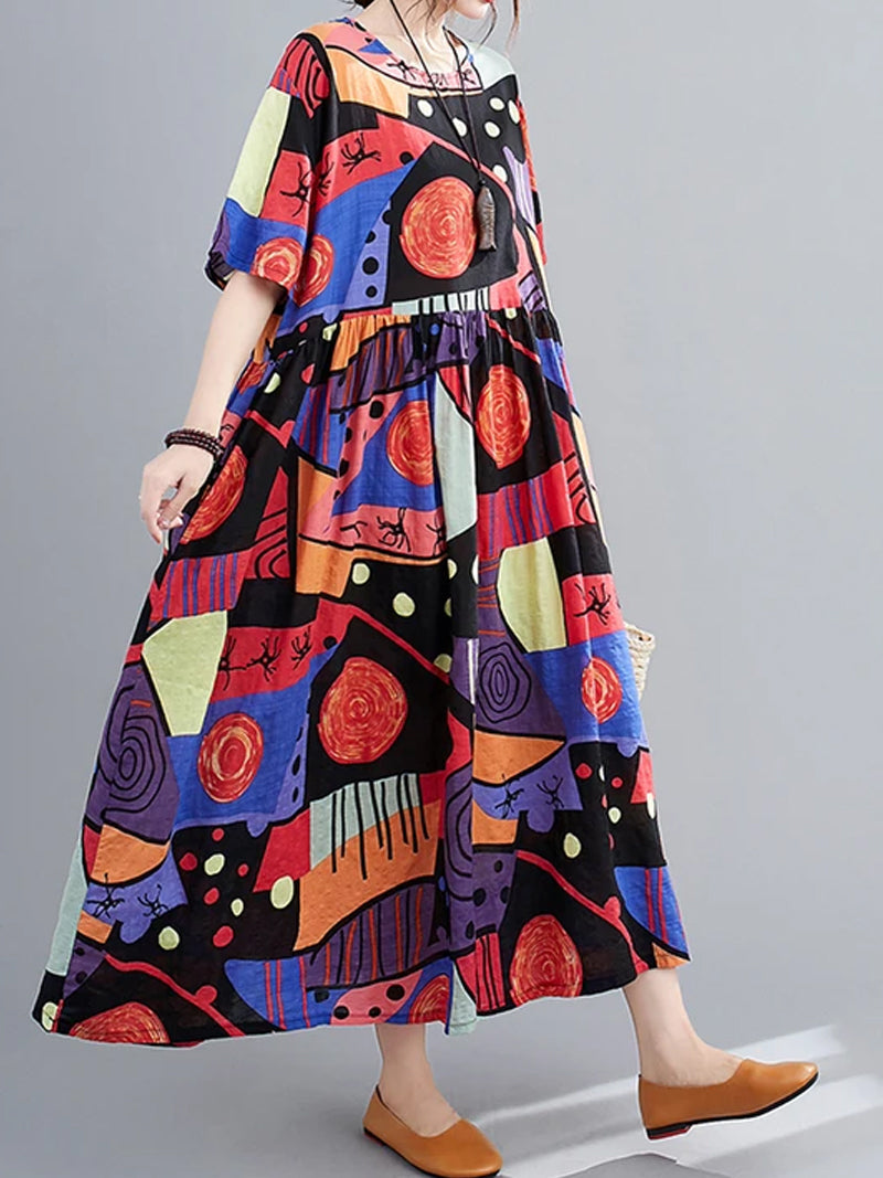 Floral Print Round Neck Short Sleeve Smock Maxi Dress 8