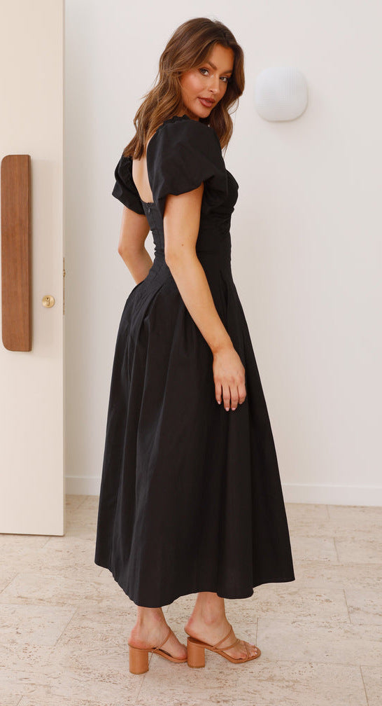 Sweetheart Puff-Sleeve Twist-Front Cut-Out Midi Dress 9