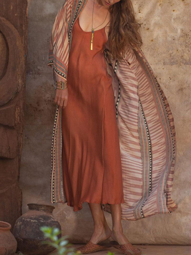 Printed Red & Blue Color Cotton Long Length Gown Kimono Duster Robe - Fashionpara