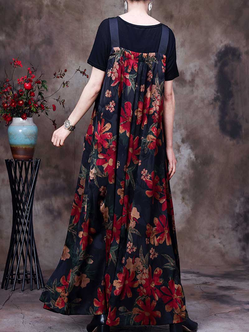 Always Glowing Printed Pleated Pocket Maxi Salopette Dress - Fashionpara