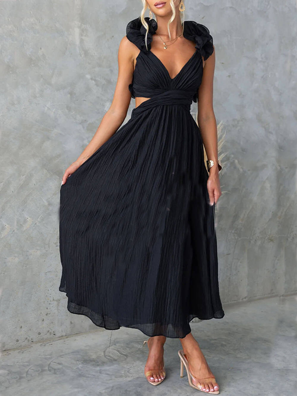Floral Ruffle Detail Back Lace-Up Elastic Waist Maxi Dress - Fashionpara
