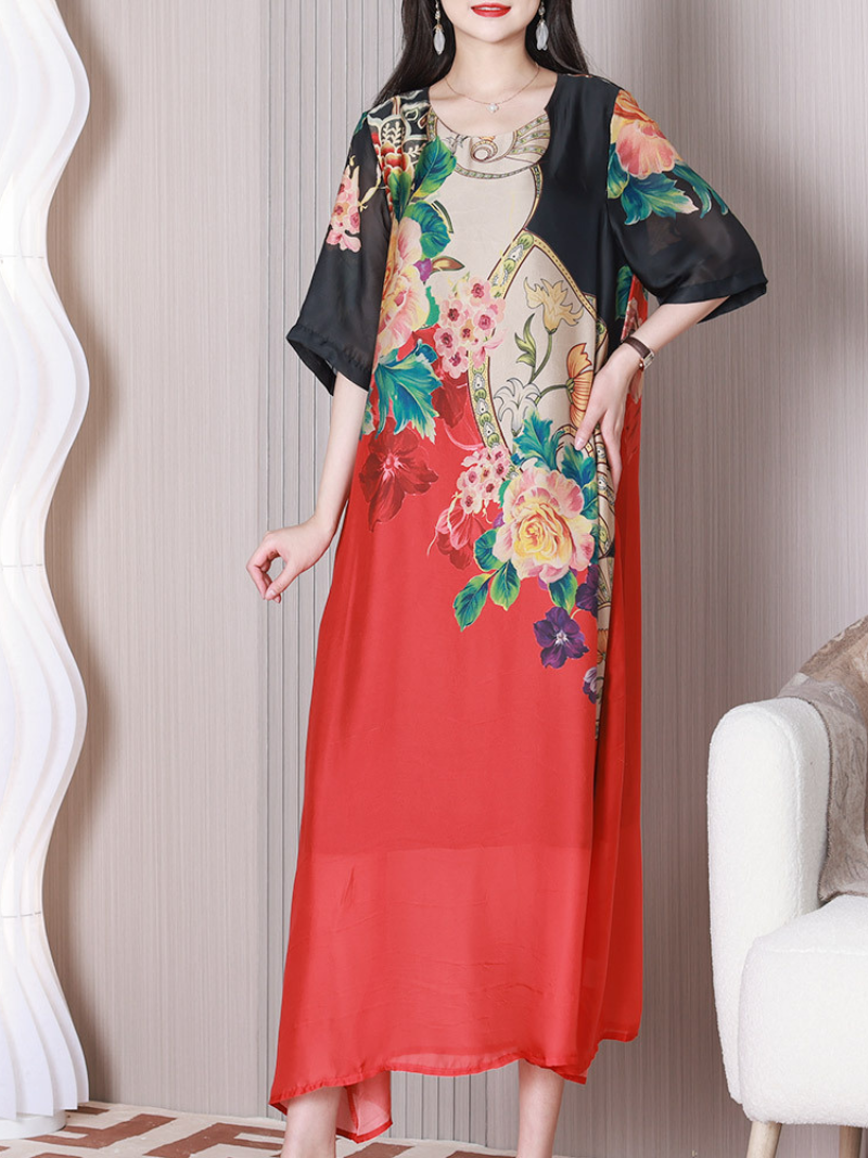Floral Medallion Round Neck Chiffon-Panel A-Line Maxi Dress 2