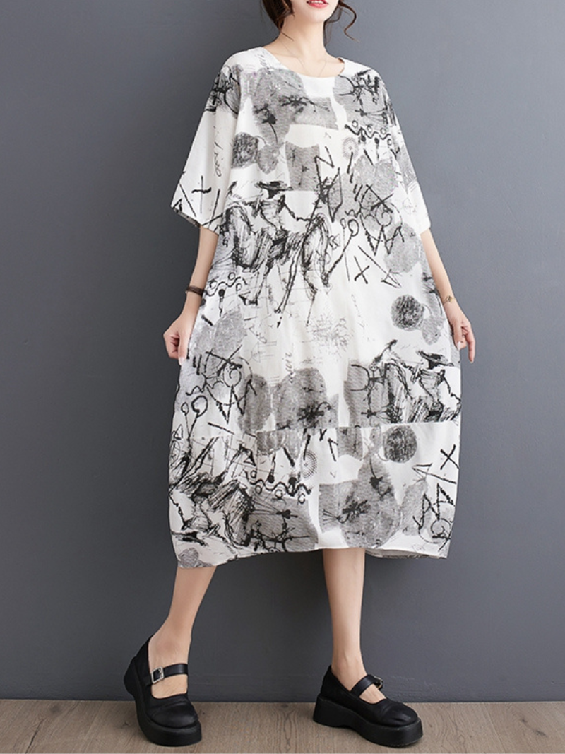 Down To Earth Round Neck Short Sleeves Midi Dress - Fashionpara