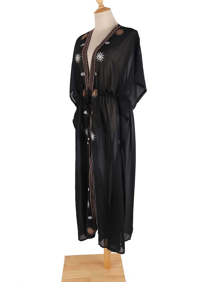 Partywear Embroidered Black Color Chiffon Long Length Gown Kimono Duster Robe - Fashionpara
