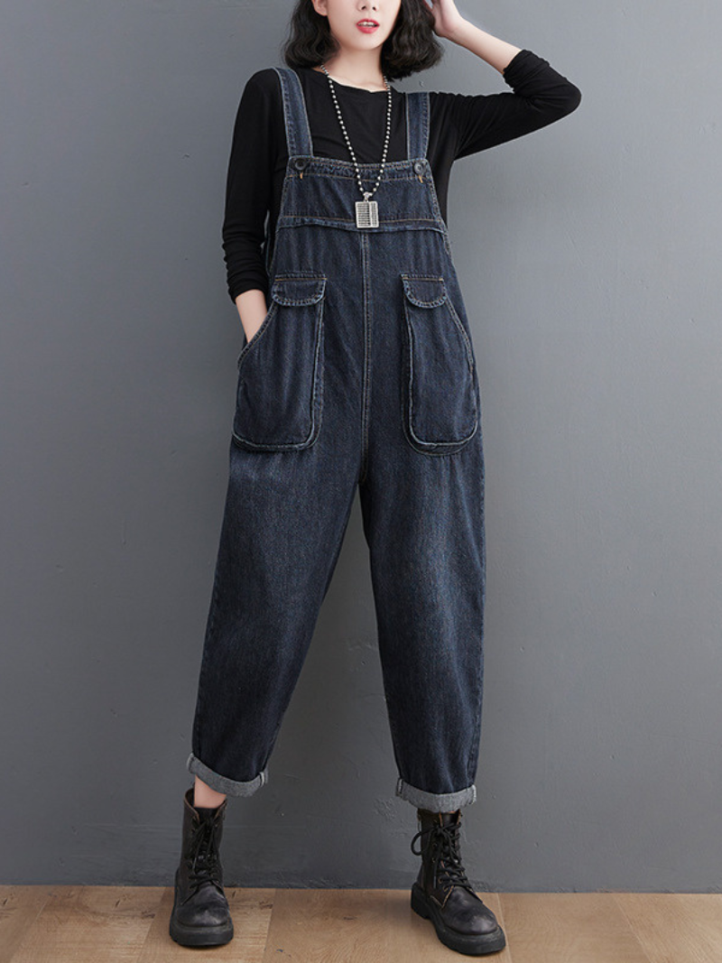 Literary Retro Large Size Loose Black Denim Overalls - Fashionpara