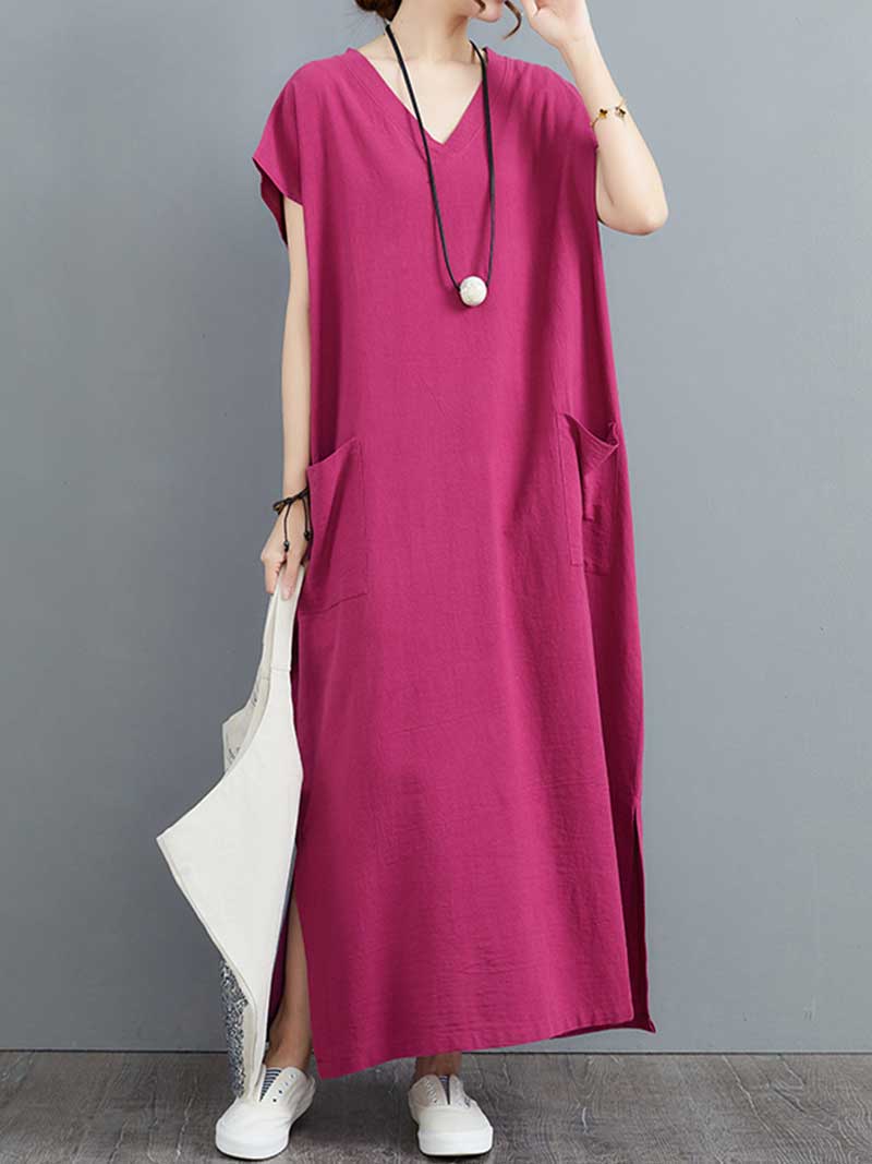 Hemp Material Plain Short Sleeves With Double Side Pocket A-Line Dress - Fashionpara