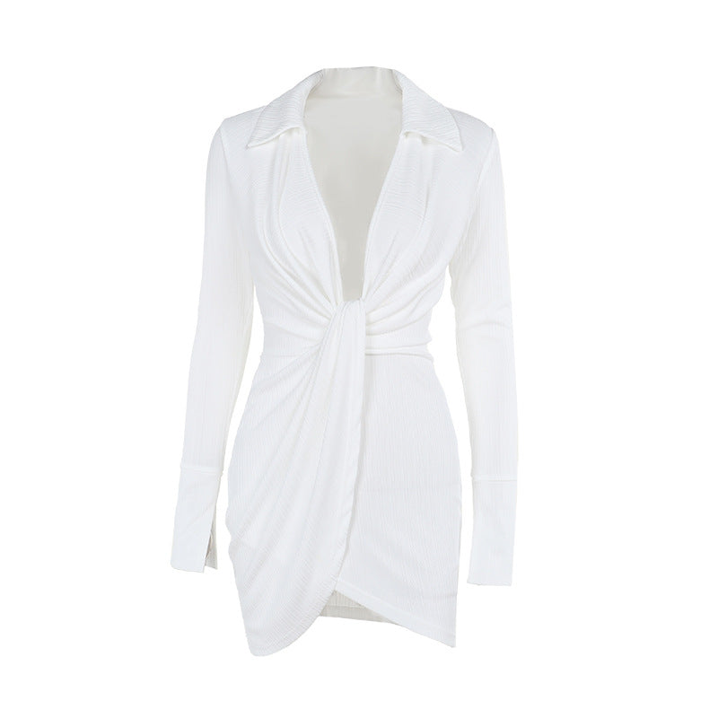 Ribbed Collared Plunge Twist-Front Long-Sleeve Mini Dress 8