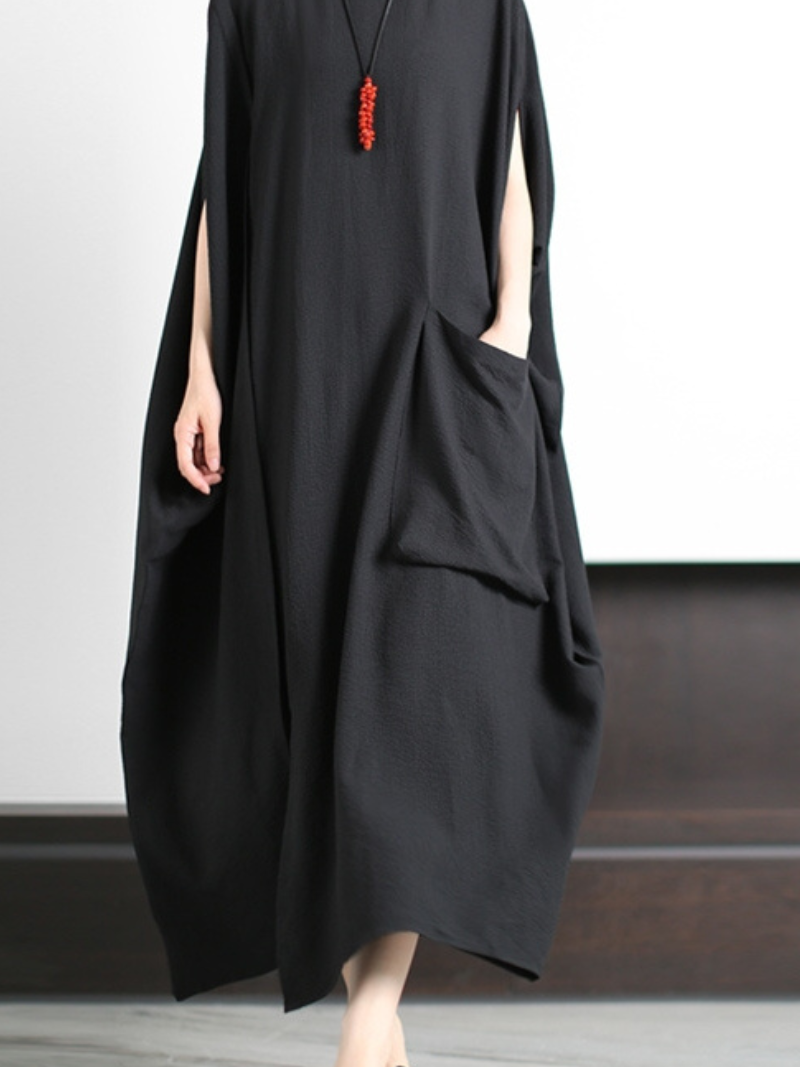 Linen Round Neck Cape-Sleeve Pocket Oversized Maxi Dress 4