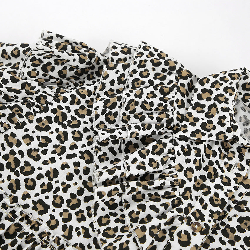 Leopard-Print Collared Long-Sleeve Tiered Mini Dress 8