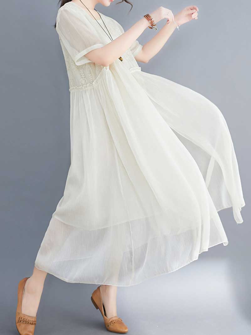 Embroidered Silk Round-Neck A-Line Dress - Fashionpara