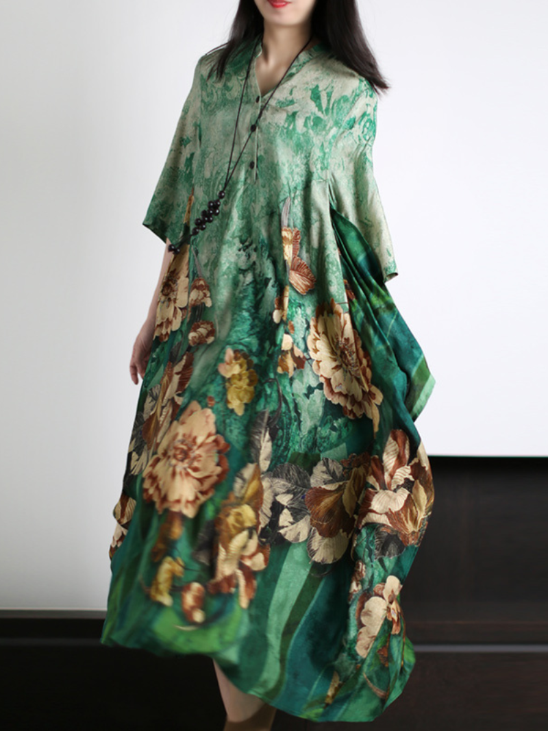 Floral Print Stand Collar Half-Sleeve A-Line Maxi Dress 3