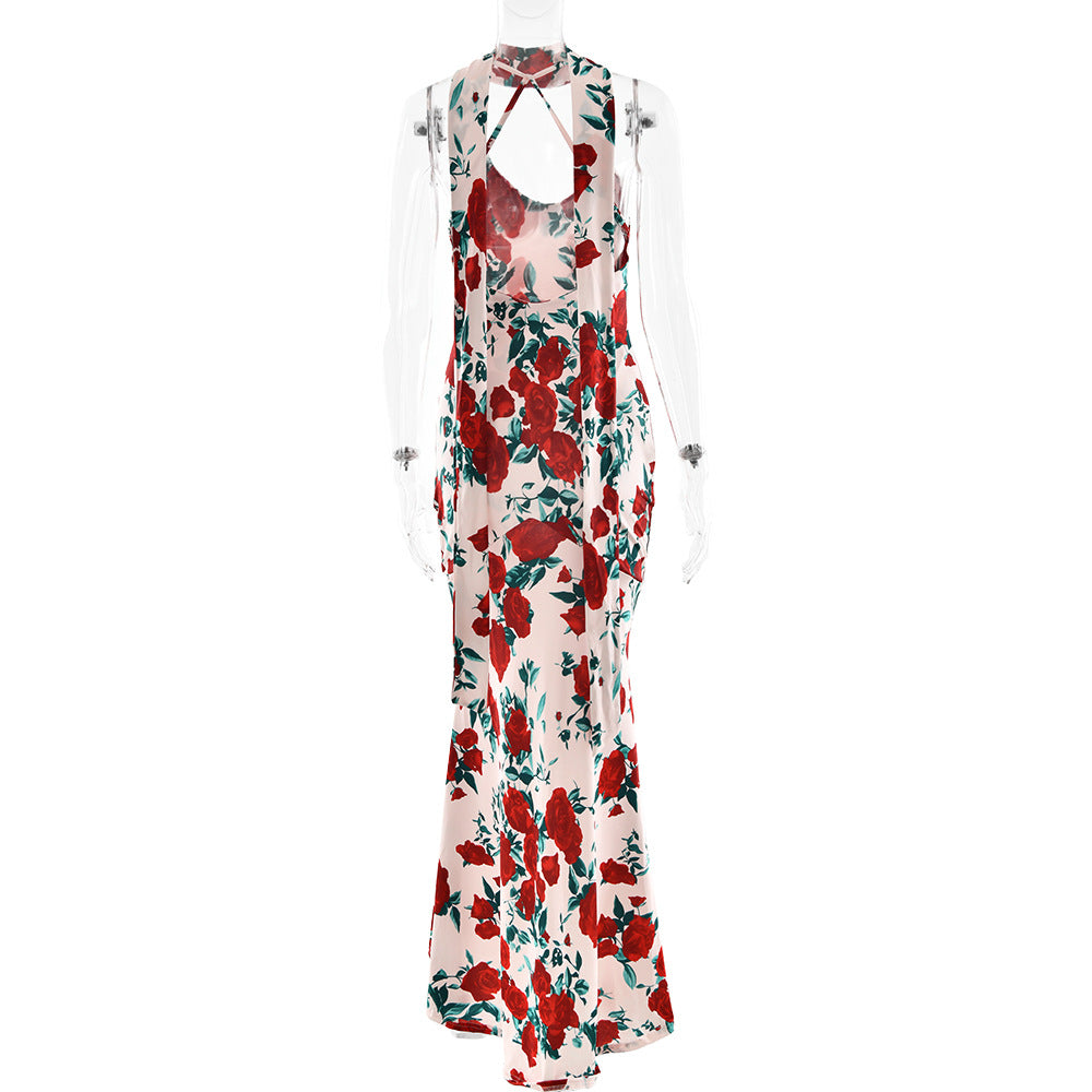 Floral Halter Cowl-Neck Backless Mermaid Maxi Dress 8