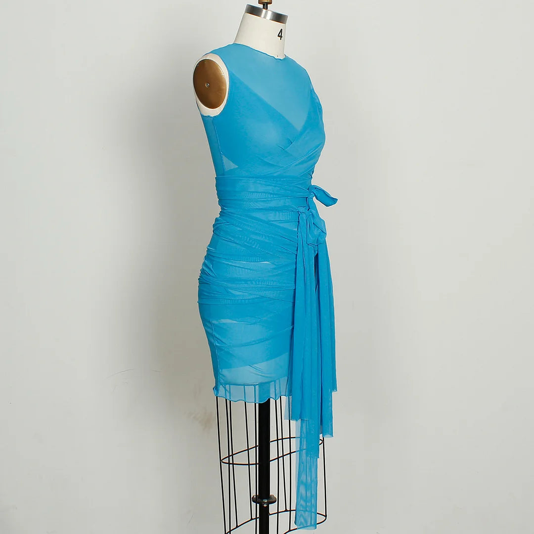 Sheer Mesh Wrap Tie Ribbon Mini Dress - Fashionpara