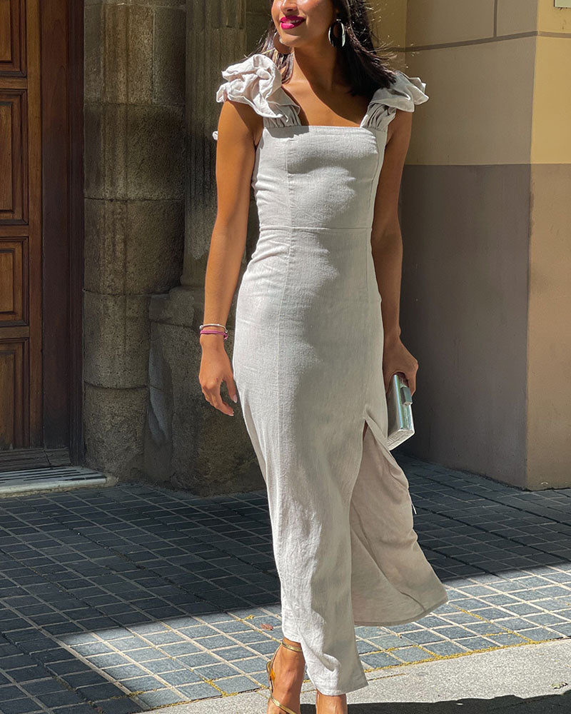 Chic shoulder strap slit cotton and linen dress - Fashionpara