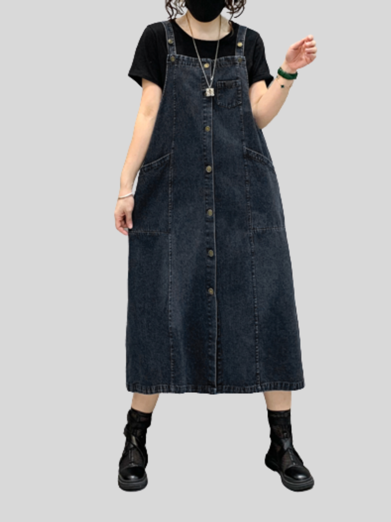 Denim Button-Front Suspender Strap Pocket A-Line Midi Dress 2