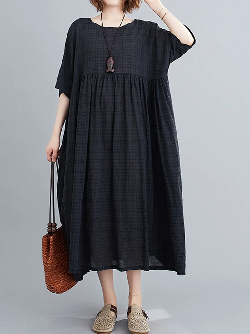 Plaid Round Neck Short Sleeve Smock Midi Dress 8