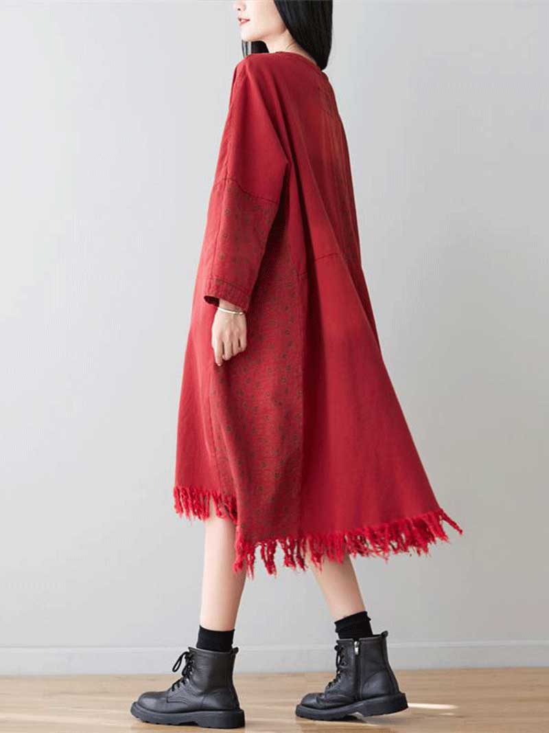 Patchwork Pocket V-Neck Long Sleeve Frayed-Hem Midi Dress 2