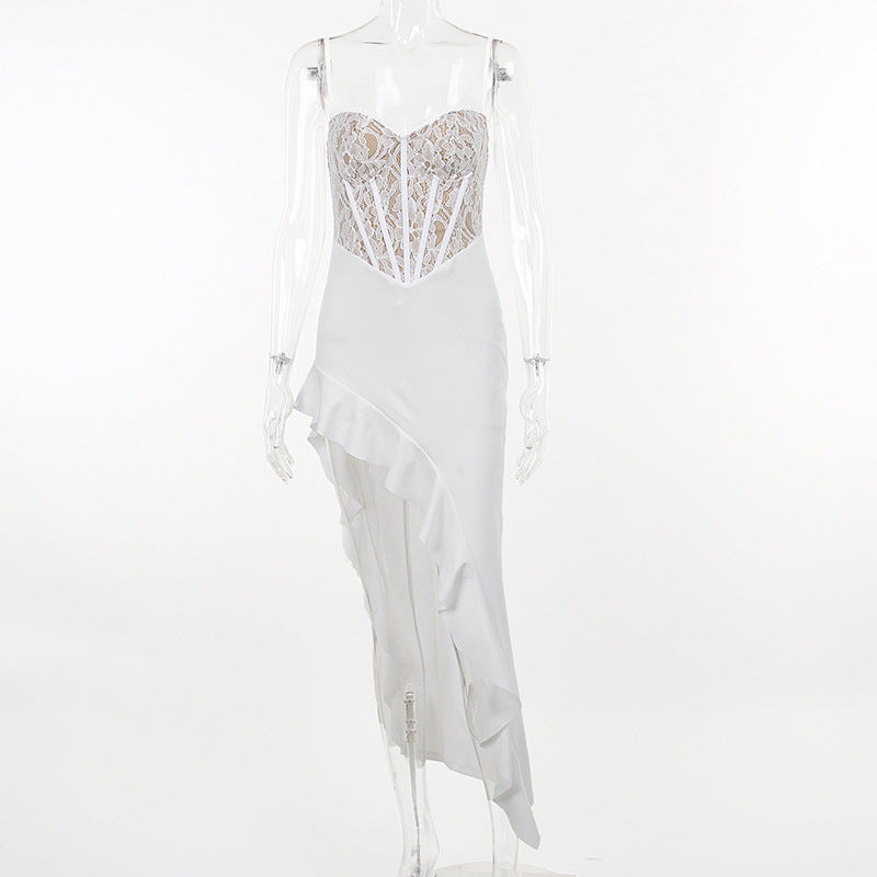 Lace Bustier Ruffle-Trim Asymmetric Slit Maxi Dress 7