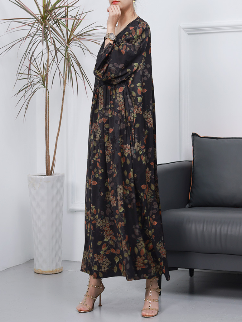 Women Retro Style Loose Printed Long Sleeves A-Line Dress - Fashionpara