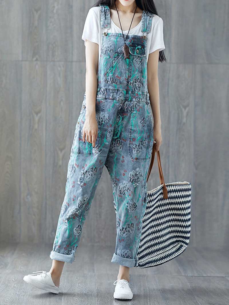 Reality Is Wrong Ripped Printed Straps Denim Overall Dungarees - Fashionpara