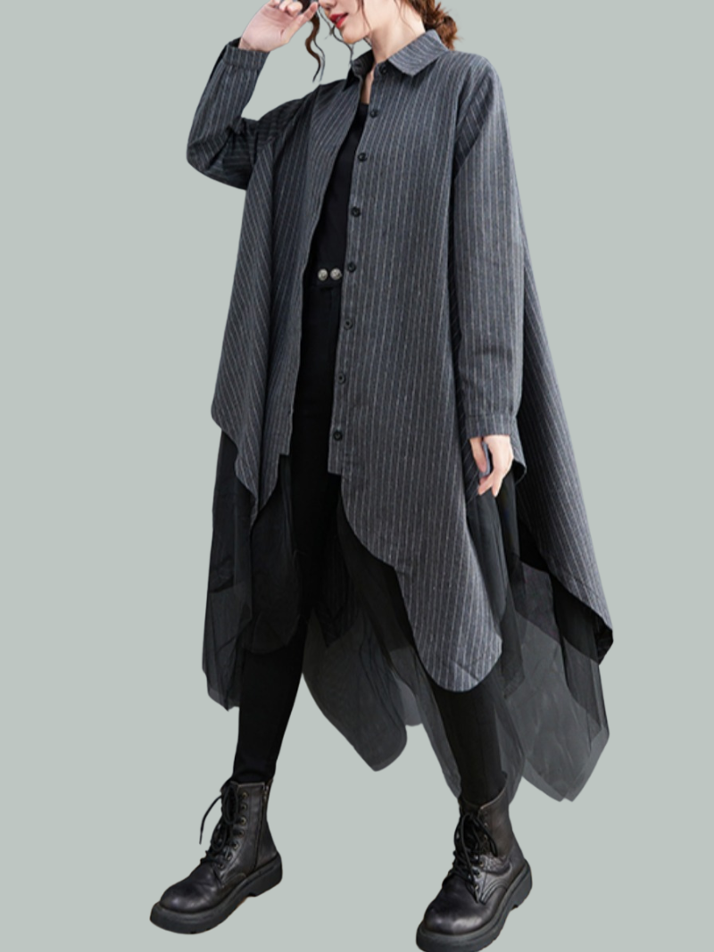 Pinstripe Long Sleeve Button Down Mesh Layer Shirt Dress - View 3