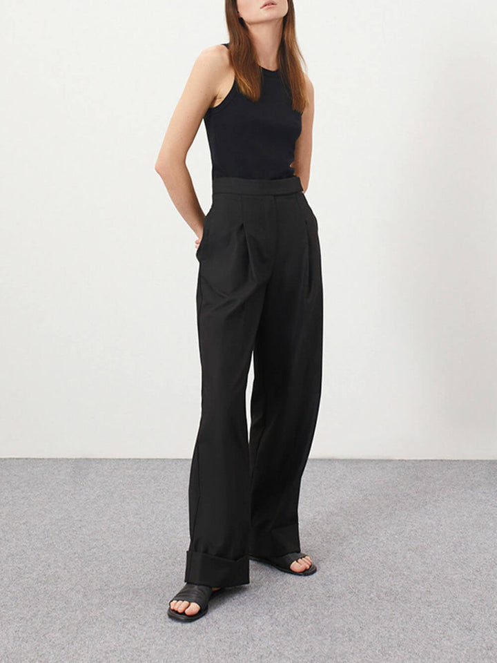 Black High-Waisted Floor-Length Wide-Leg Pants - Fashionpara