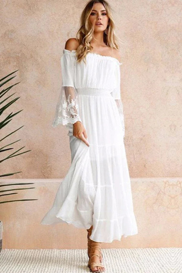 Lace Off Shoulder Long Sleeve Tiered Maxi Dress 18