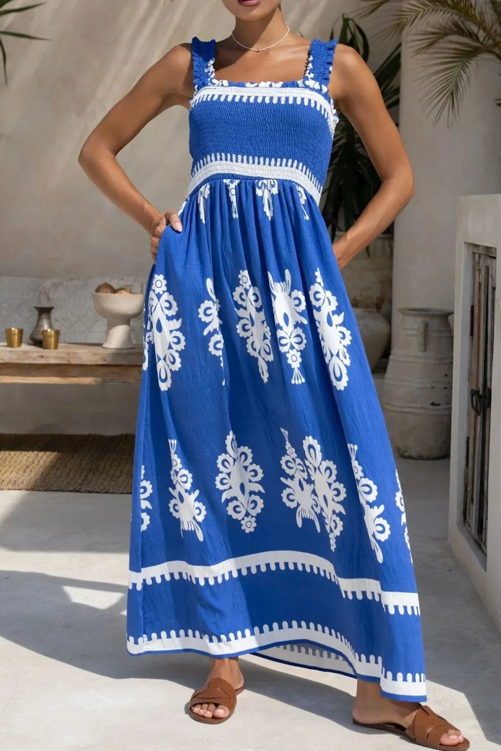 Smocked Square Neck Ruffle Strap Pocket Border Hem Maxi Dress - View 3