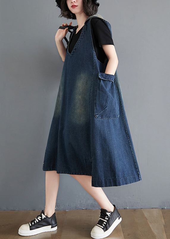 Denim Deep V-Neck Sleeveless Patch Pocket Distressed Wash Dress - View 4